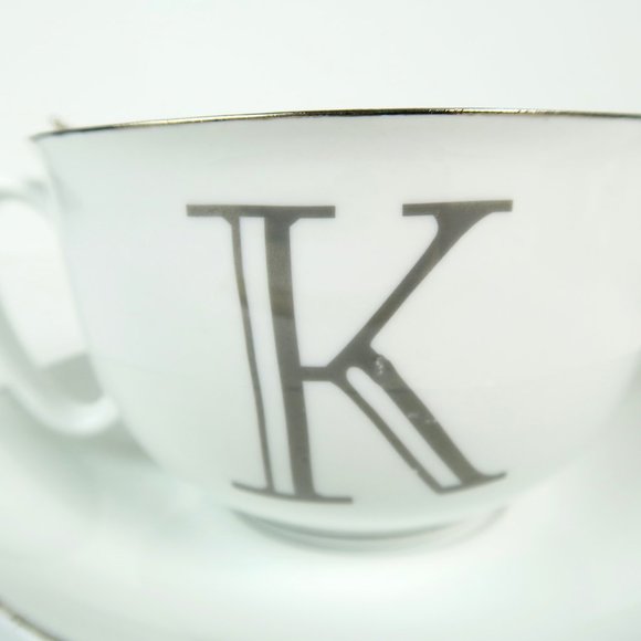 Bella Lux K Monogram Teacup, Saucer, & Spoon Holiday Collection White Silver - Picture 6 of 7